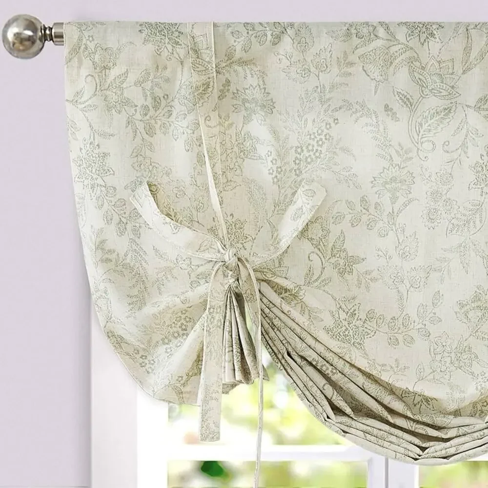 Linen Tie Up Valance Floral Printed Valance for Windows Adjustable 42” wide